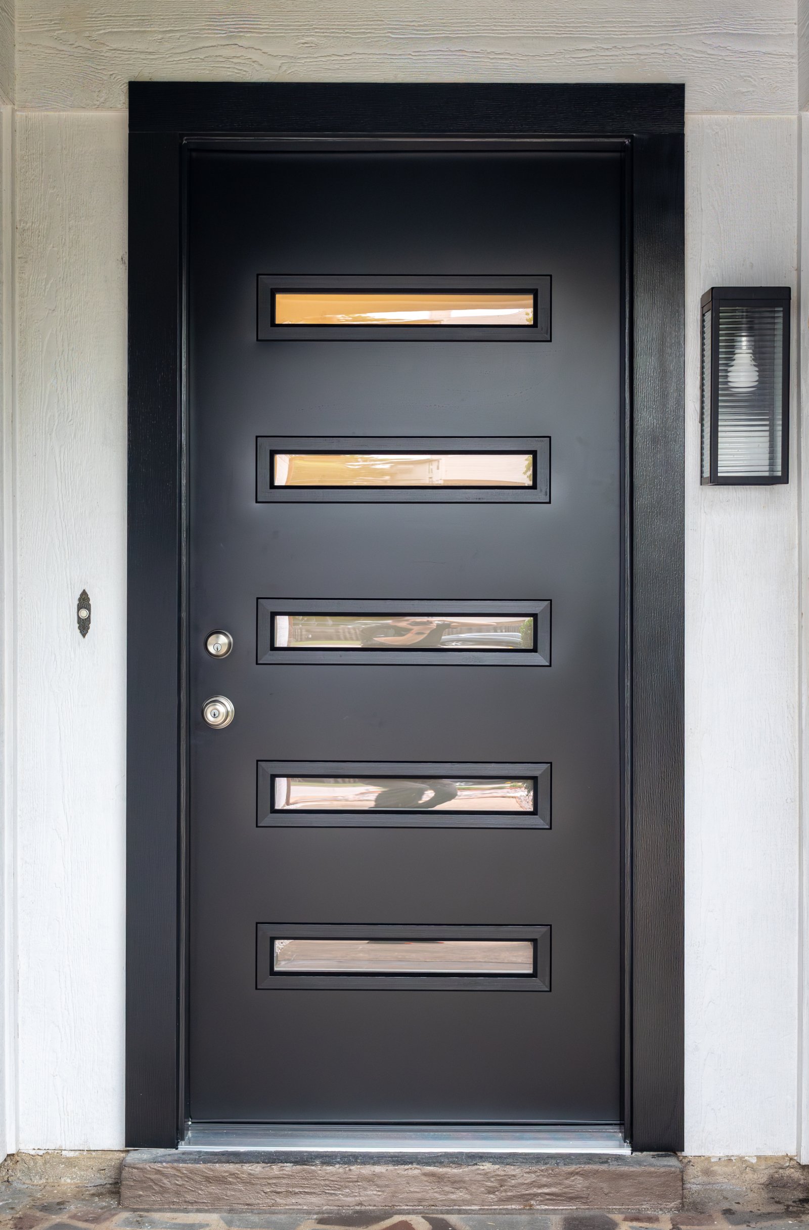 Black ProVia Legacy steel entry door with five lites